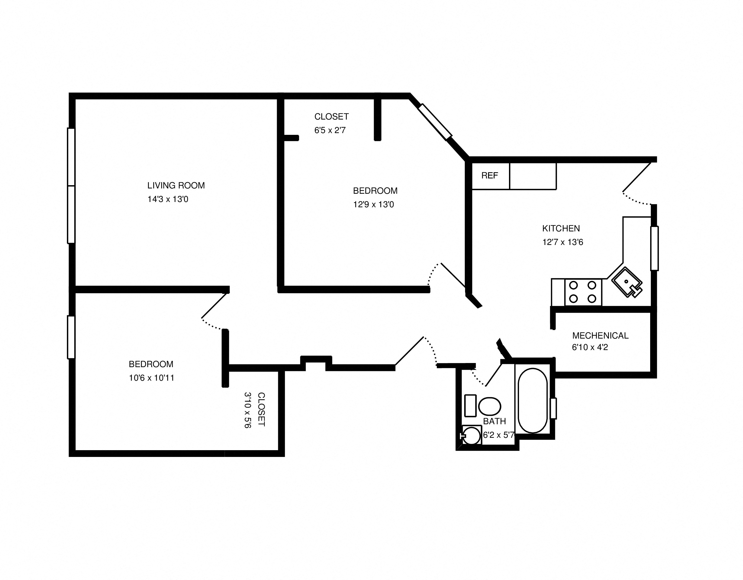 Floor plan for 2 beds, 1 bath, 777 sqft